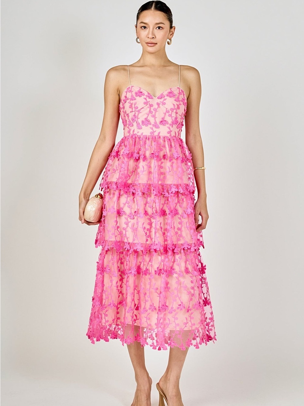 Endless Rose Pink Floral Tiered Lace Midi Dress with Spaghetti Straps - Picture 2 of 7